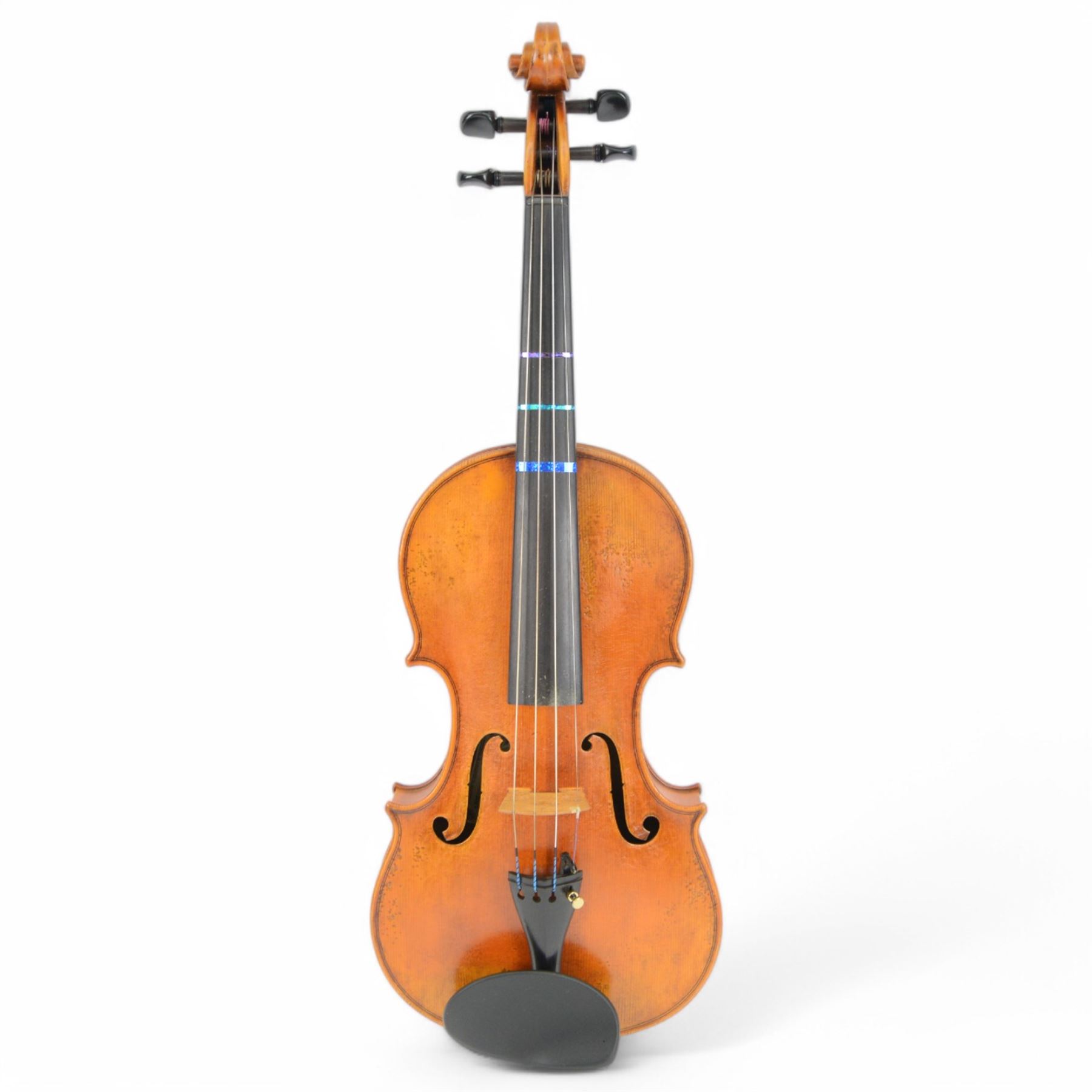 Full size-French 20th century violin, light maple case with chin rest and ebonised tuning pegs and fittings, baize lined hard case, no bow.