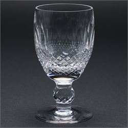 Suite of Waterford Colleen pattern table glass comprising six claret glasses, six hock glasses, six small tumblers, six sherry glasses and two decanters