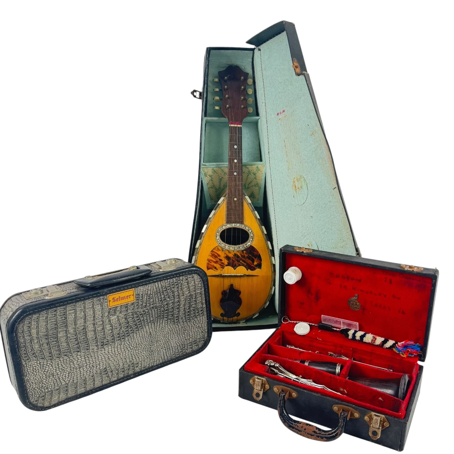 Carlo Ricordo bowl back mandolin, Selmer clarinet and a Boosey & Hawkes clarinet, all cased