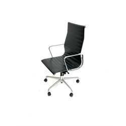 Vitra Eames style high back swivel office chairs upholstered in black leather