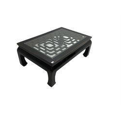 Chinese ebonised rectangular coffee table, inset glass top over pierced geometric fretwork, raised on shaped supports