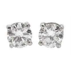  Pair of 18ct gold round brilliant cut diamond stud earrings, diamond total weight approx 1.35 carat  [image code: 2mc]  