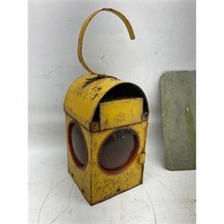 Victorian cast iron railway wagon plate, 'To Carry 10 Tons 4012, Registered by LNER-D 1898', together with a similar mid 20th century example, a smaller cast iron LMS wagon plate, Chalwyn signalling lamp, Give Way to Trains enamel sign and an enamel signal sign