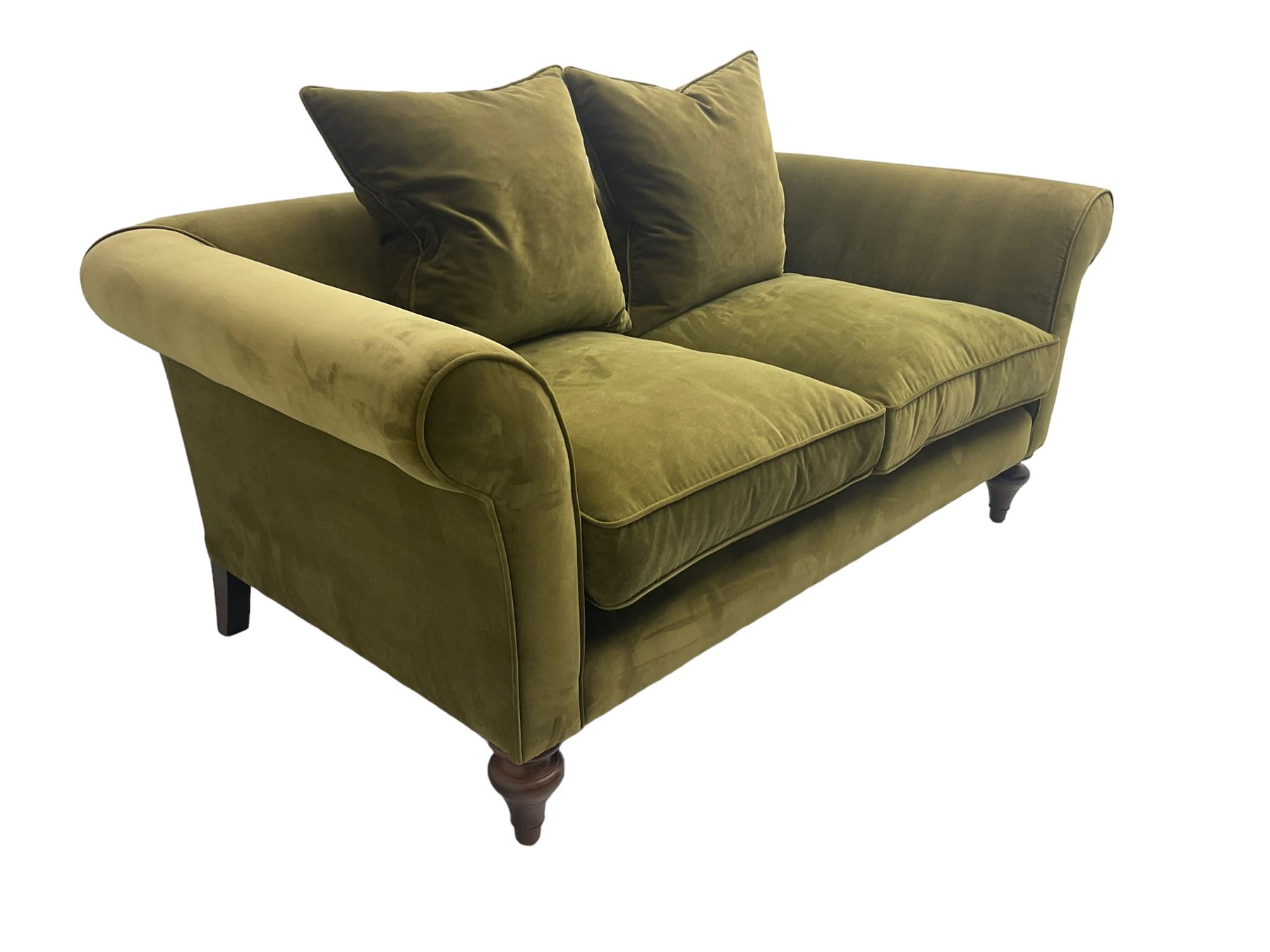 Sofas & Stuff - 'Clavering' two seat sofa upholstered in olive green velvet, scrolled arms, on turned front supports, with matching scatter cushions
