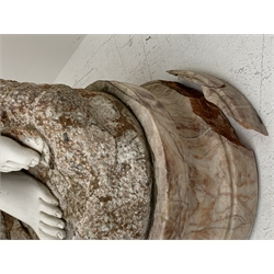 Victorian style rouge and white marble classical statue of woman dancing, on circular stepped moulded plinth base, H185cm