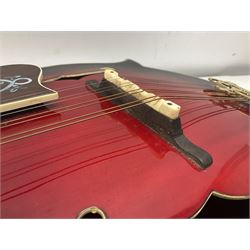 Eastern eight-string mandolin with red sunburst finish and mother-of-pearl inlay of eagles, clouds, trees etc L86cm; in fitted hard carrying case