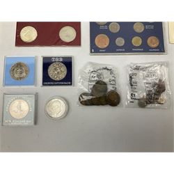 Great British and World coins, including Canadian 1975 dollar, United States of America 1975 proof set and bicentennial silver uncirculated set 1776-1976, Queen Elizabeth II Gibraltar 1977 sterling silver proof twenty-five pence, cased with certificate, New Zealand 1979seven coin set in blue wallet,  GB pre-decimal coins etc