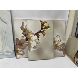 Andrew Gilmour; 'Ribblehead to Hawes' and 'Hag Dyke', three framed maps, together with three canvas flower prints, etc