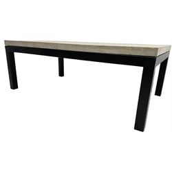 Contemporary coffee table, rectangular stone top over ebonised base