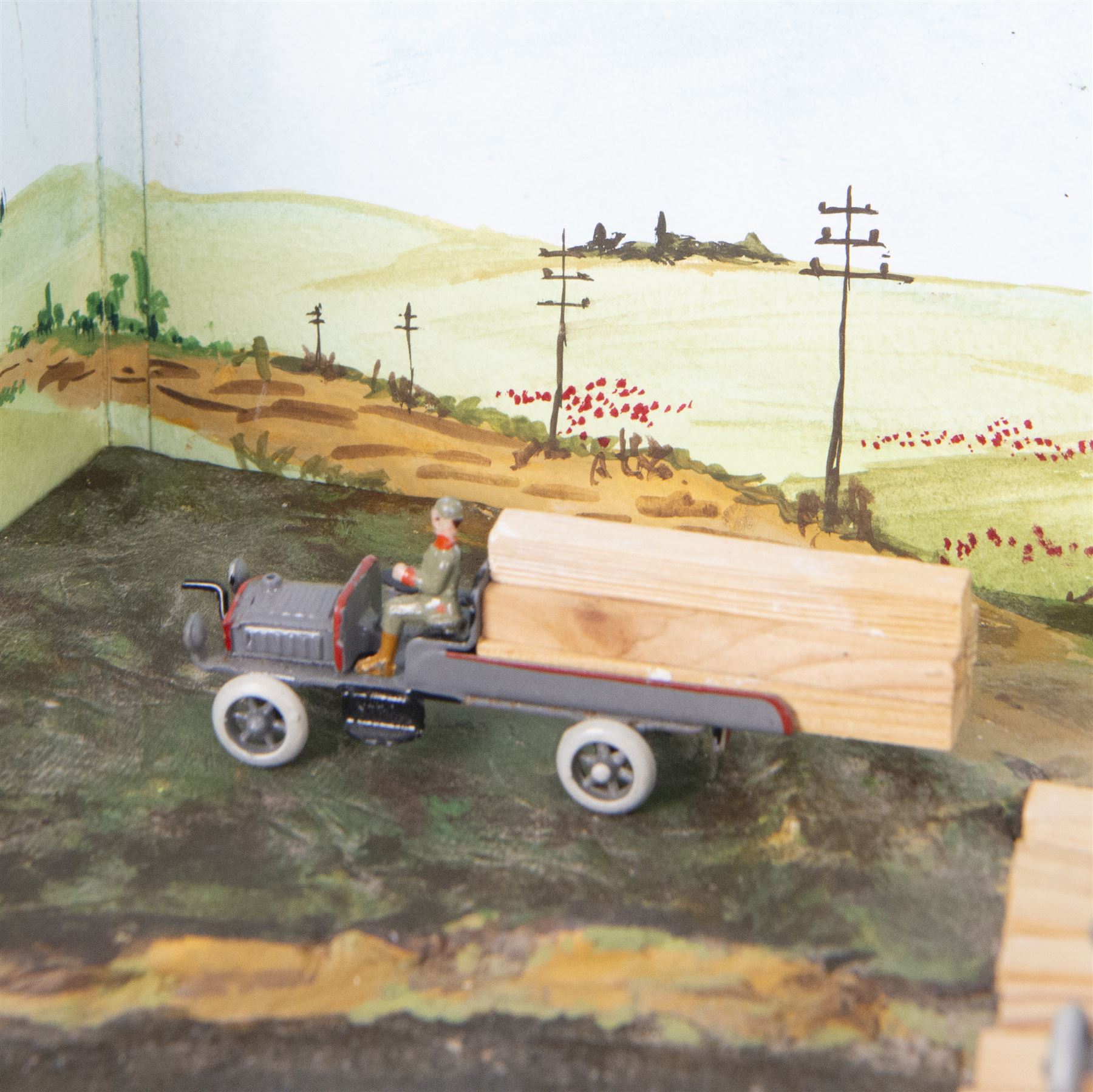 Ernst Plank; Pontoon diorama, with three wagons, pontoon boats, wooden planks and joints with all passengers and drivers, circa 1912, diorama is displayed in book Ernest Plank Miniatures; Vehicles, Transport Toys & Accessories by Jeff Carpenter pages 29 and 30  