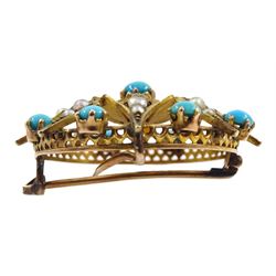 Victorian 9ct gold turquoise and pearl star circular brooch and a gold crossover bar brooch, stamped 9ct
