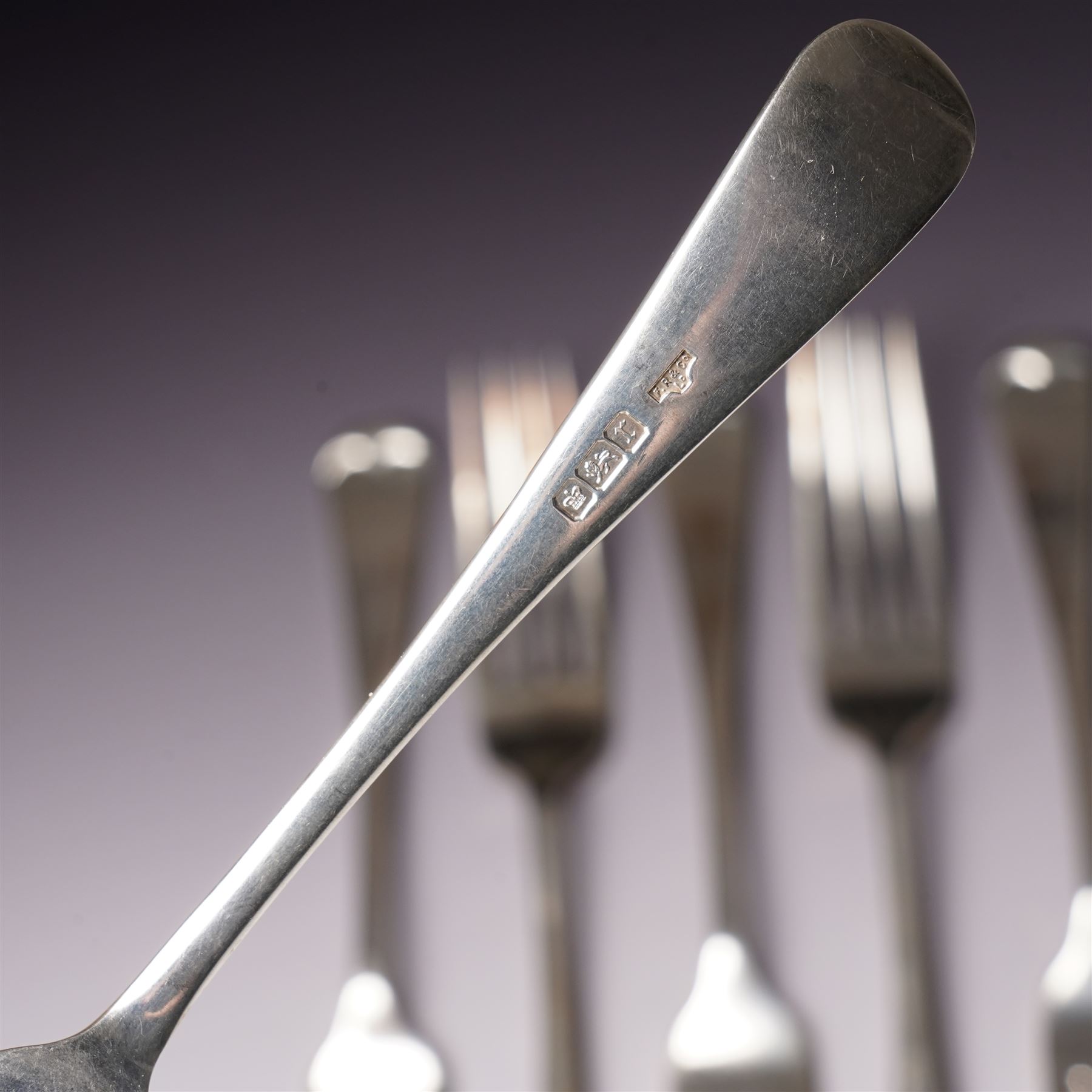 Set of six Edwardian silver Old English pattern table forks Sheffield 1909 Maker Fenton Russell & Co Ltd