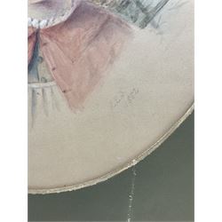 Rosina Emmet Sherwood (American 1854-1948): Girl in a White Bonnet, oval watercolour signed with initials and dated 1882, 41cm x 32cm