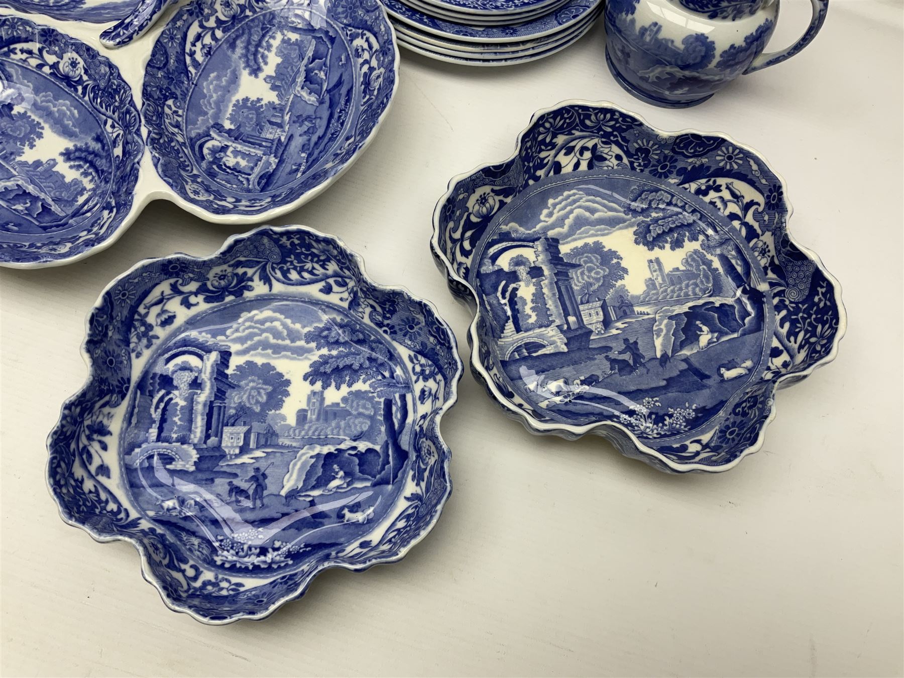 Copeland Spode Italian pattern tea and dinner wares, including hor d'oeuvres dish, tureen and cover, coffee pot, six coffee cans and saucers, etc, all with blue printed marks beneath (40)