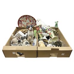 Sylvac green seated dog, together with pair Wade Heath vases, wall charger and other collectables, in two boxes  