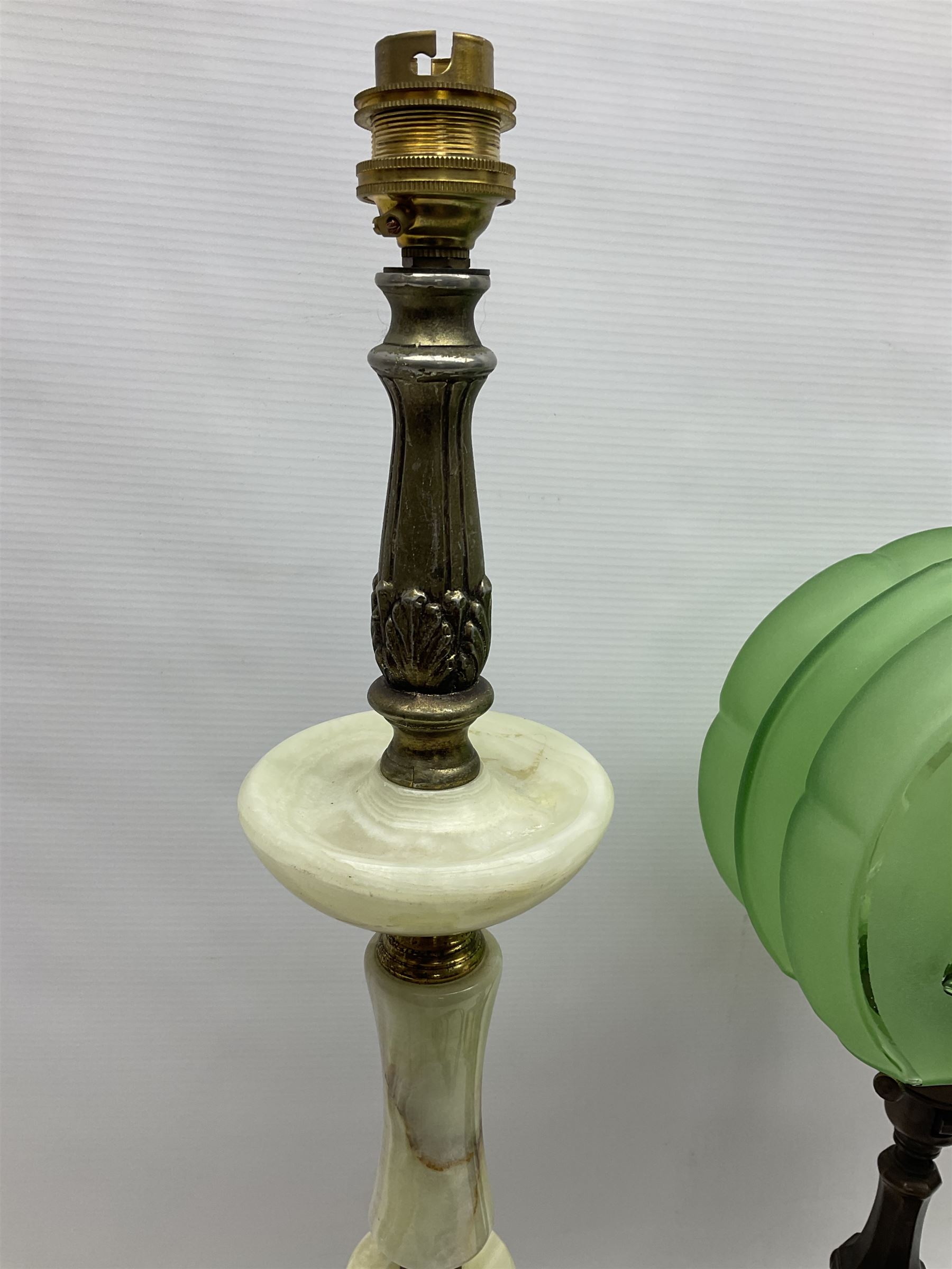 Art Deco style bronzed and gilded spelter figural table lamp with green Uranium glass shade; H48cm, another table lamp; and a bisque group