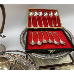 Cased set of six silver handled knives, hallmarked Barker Brothers Silver Ltd, Sheffield 1937, and silver teaspoon with Royal National Lifeboat Institution terminal, hallmarked Turner & Simpson Ltd, Birmingham 1973, together with a quantity of metalware, to include pair of silver mounted glass knife rests, pair of brass Doric column candlesticks, various silver plate including teawares, bottle coaster, cruets, salver, pedestal dish, swing handled dish, cased flatware, etc. 