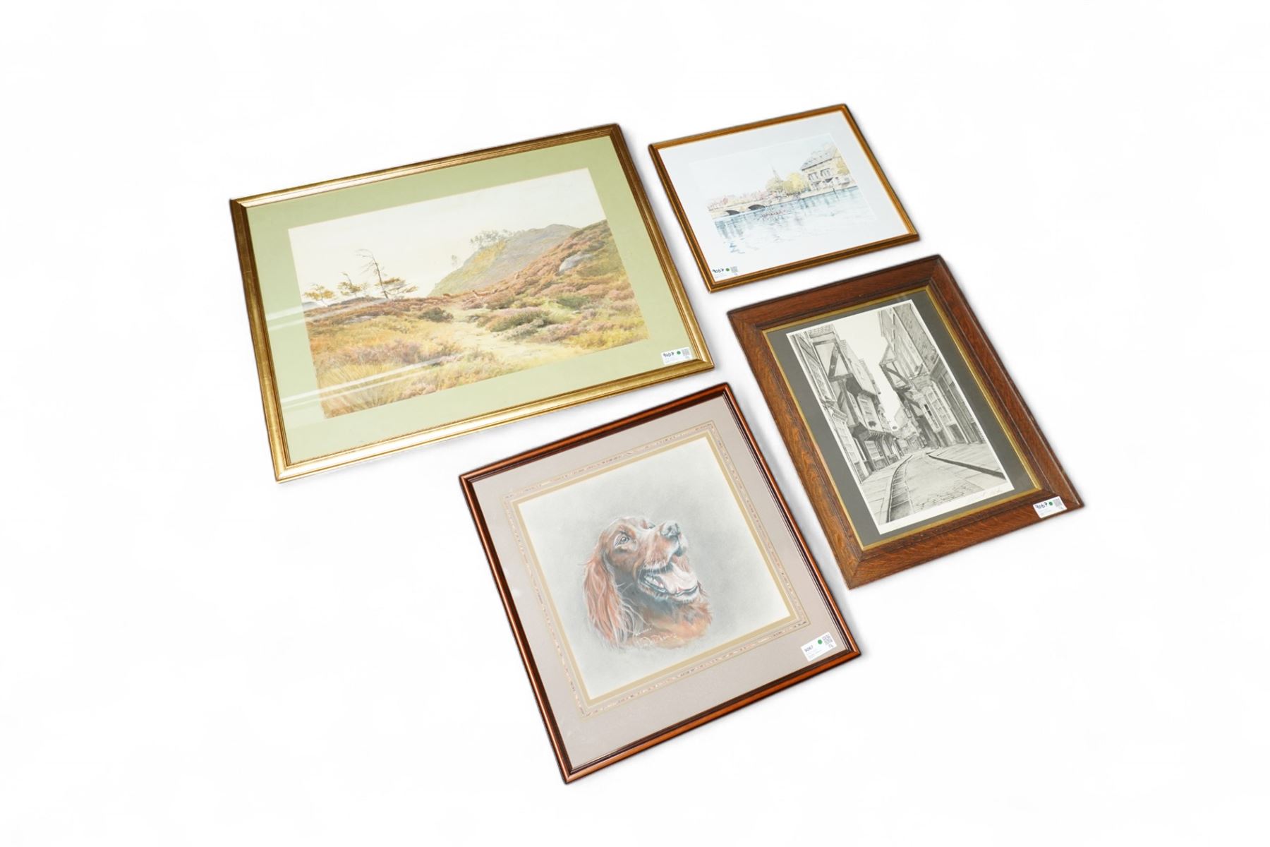 Collection of framed artworks (4), including Richard Redfern (British  1873-1913): Grazing stags in a mountainous landscape, watercolour 