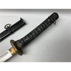 WW2 Japanese Army NCOs sword - katana, the 69.5cm slightly curving fullered blade numbered 14656; arsenal markings stamped near the habaki on the handle; brass tsuba and black painted metal hilt cast to simulate cord bound fish skin; in black painted steel scabbard with single suspension ring L96cm overall