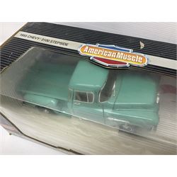 Seven 1:18 scale die-cast models by Ertl, Road legends, Maisto, Solido etc including two Coca Cola promotional vehicles; five boxed (7)