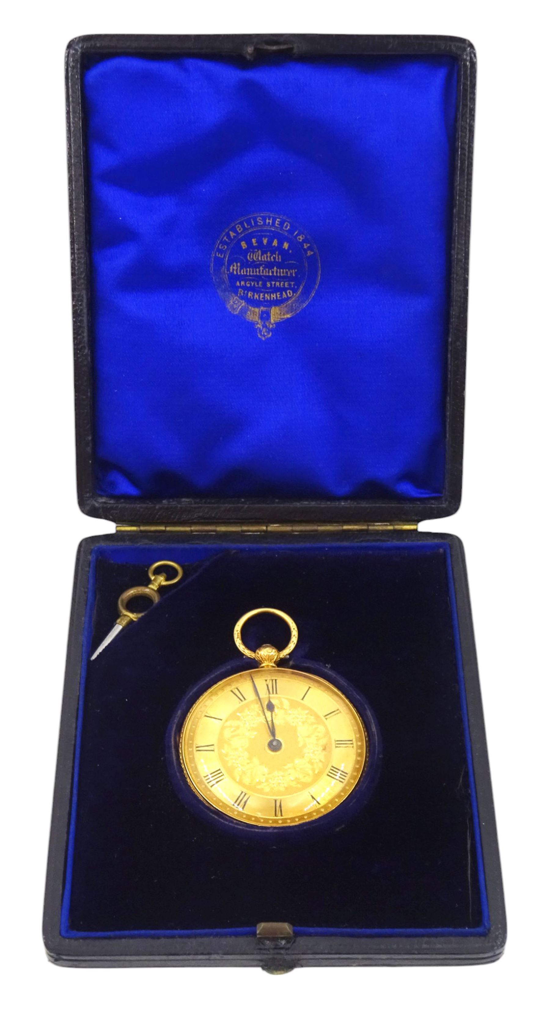 Victorian 18ct gold open face key wound lever pocket watch by Edward Bevan, Birkenhead, No. 4502, gilt dial with Roman numerals, case engraved with foliate decoration, makers mark C E, London 1874, in fitted silk and velvet lined case