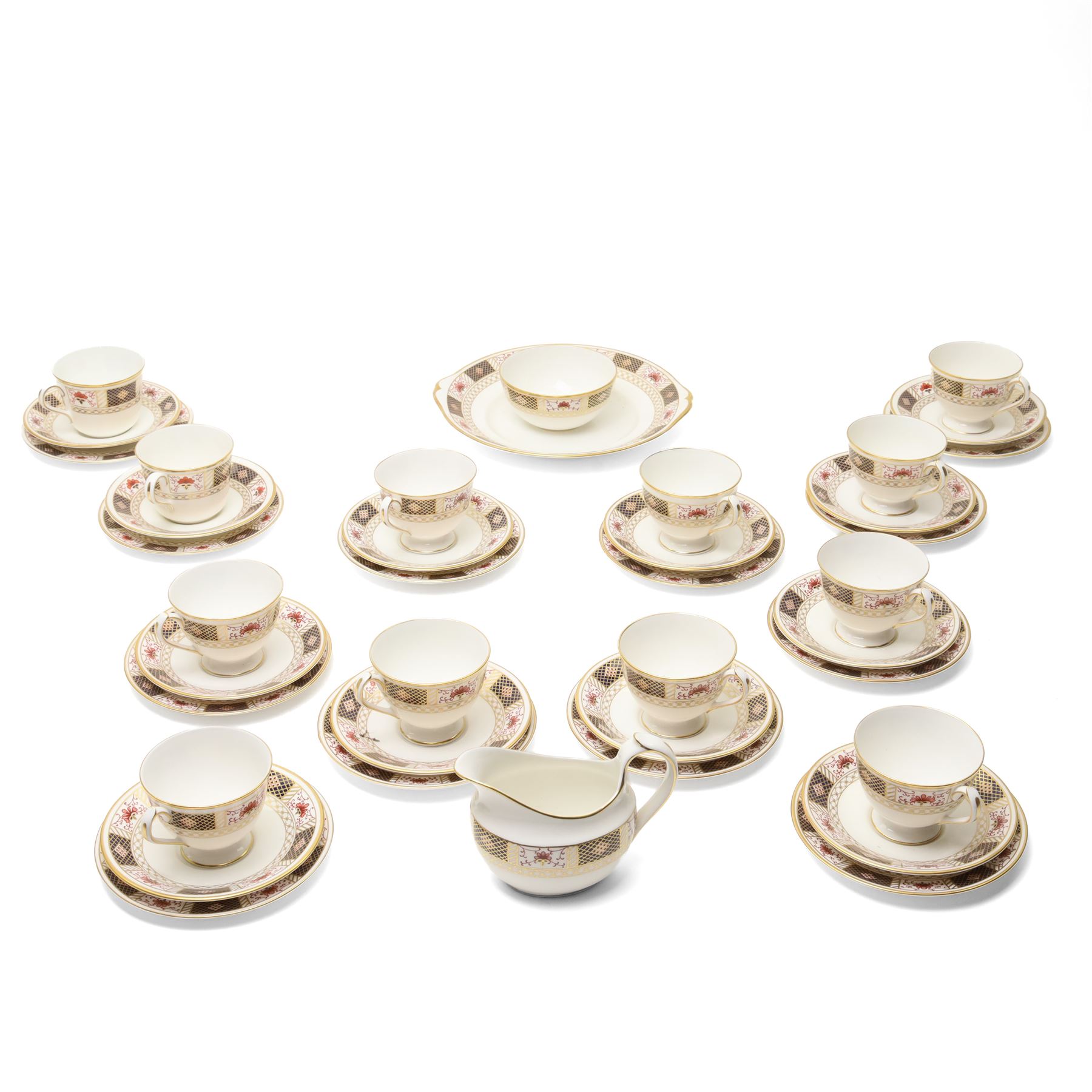 Royal Crown Derby 'Derby Border' pattern part tea service, comprising twelve teacups and saucers, twelve side plates, sandwich plate, milk jug and sugar bowl