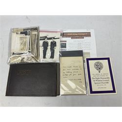 Disbound WW2 album relating to the battleship HMS King George VI containing over fifty various size loose photographs of the ship in action, guns firing, crew members, aircraft, two of George VI on board, three of Winston Churchill on board, official 1942 Christmas messages including Franklin Roosevelt etc; together with unrelated printed letter on 10 Downing Street notepaper from Winston Churchill; and Order of Service for Churchill's funeral at St. Paul's Cathedral 30th January 1965