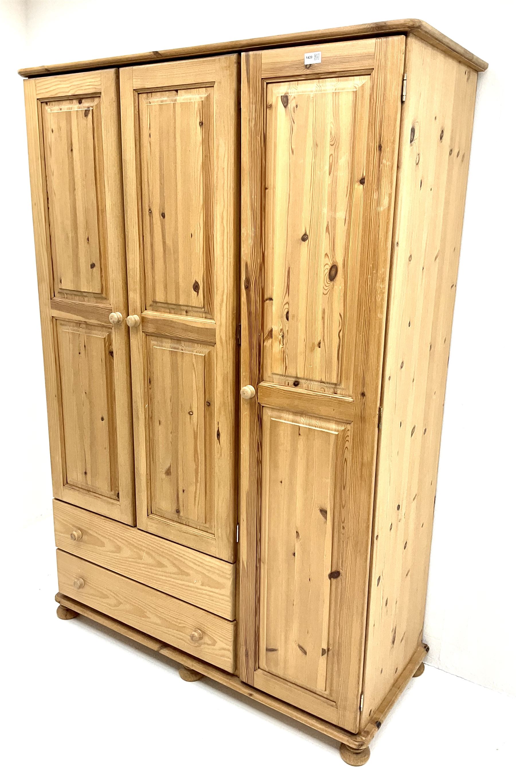 Solid pine triple combination wardrobe, three cupboards, two drawers