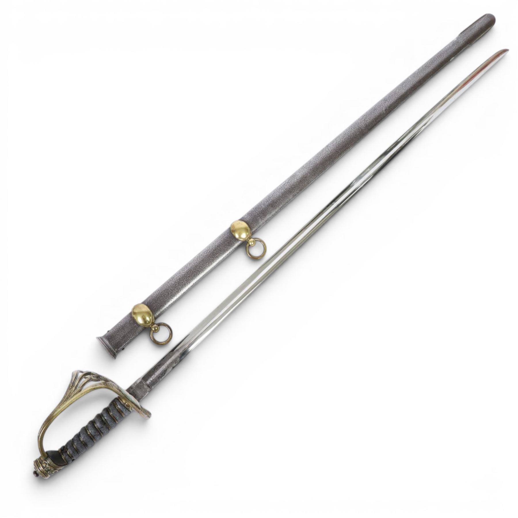 British 1874 pattern, named, 2nd Life Guards State sword by Henry Wilkinson, Pall Mall London, circa 1912, the 94cm straight single edged blade with George V monogram and cypher, together with battle honours and owners initials H.L.H, marked 43714 to the top, the steel nickel plated basket hilt with applied George V crown and 2nd life Guards monogram in gilt brass, shagreen bound grip with triple silver wire, with steel nickle plated scabbard with triple brass mounts with twin suspension rings, overall L114cm