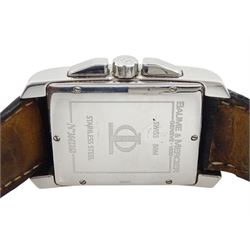 Baume Mercier Hampton gentleman's stainless steel chronograph quartz wristwatch, black dial with date aperture, on black leather strap and original fold-over clasp, boxed with papers