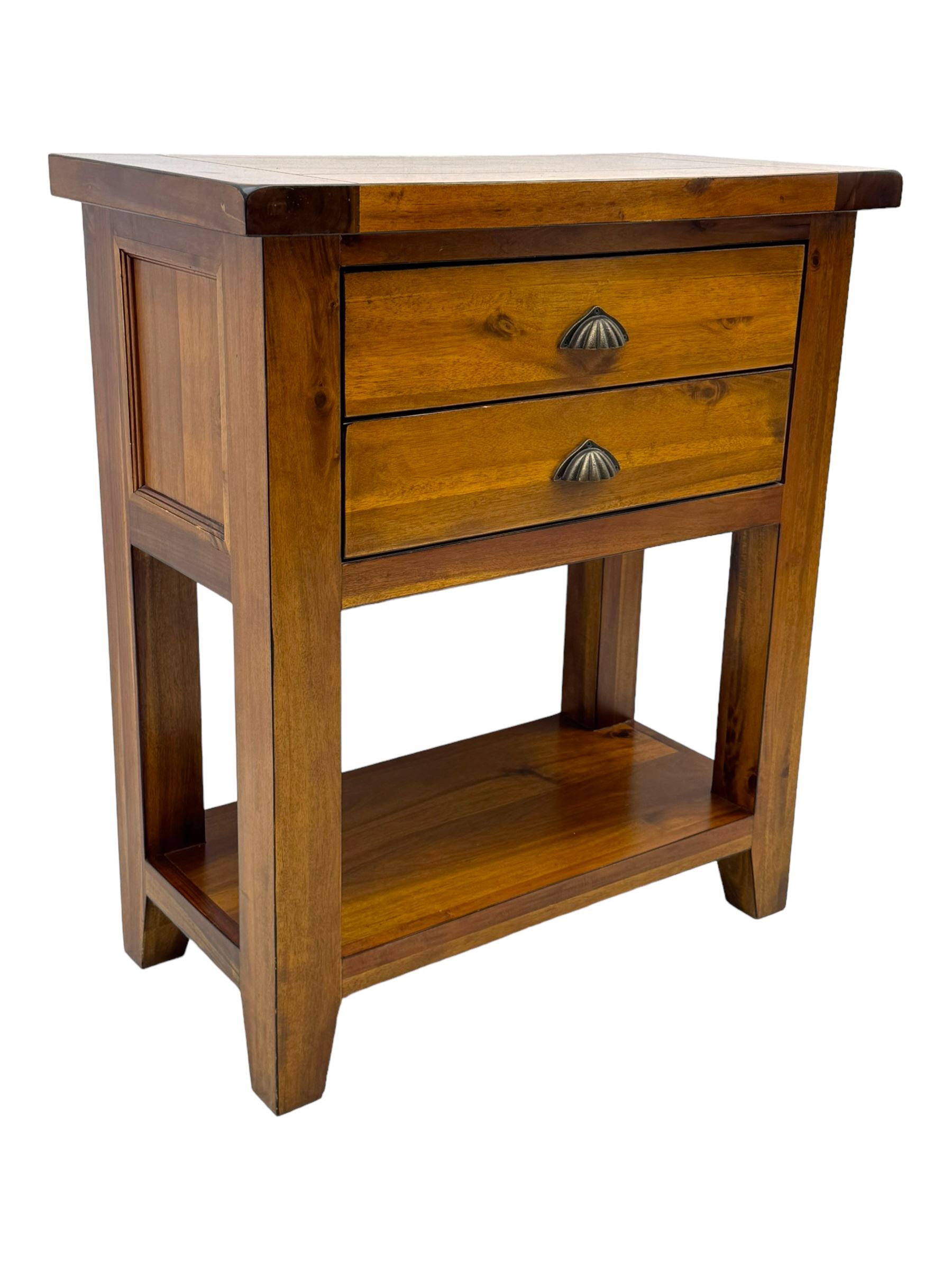 Contemporary hardwood side table, rectangular top over two drawers with shell cup handles, open shelf below, raised on square tapering supports