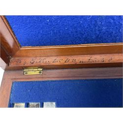 Victorian silver plated dessert set by Elkington & Co for twelve place settings, each reeded handle with vacant cartouche, each with Elkington & Co mark, date letter for 1861, and registration lozenge, contained within a mahogany case with vacant brass cartouche to the hinged cover, opening to reveal a Royal blue baize lined interior with removable tray, case H6cm W29.5cm D26.5cm