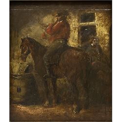 Scottish School (18th century): Seated Rider with Horn, oil on oak panel unsigned 23cm x 19cm