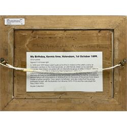 Frank Henry Mason (Staithes Group 1875-1965): 'The Way We Spent My Birthday' - Kermis Time Volendam 1st October 1899, oil on panel signed with initials inscribed and dated, further title and inscription 'Phil May Frank Mason & Tom Brown' verso 18cm x 25cm
Provenance: from the estate of Christine Dexter and by descent from the artist's sister Eleanor Marie (Nellie)
In 1898 & 1899 Mason spent quite sometime in Holland at the artist's colony in Volendam centred on the Hotel Spaander, an artist friendly atelier run by Leendert Spaander. Here Mason circulated with an international group of artists including the caricaturist Phil May and illustrator Tom Brown (both illustrated). In March 1899 he took he took his new bride Edith for their honeymoon visiting Rotterdam, Katwijk then on to Volendam in June extending to his birthday on the 1st October coinciding with the boisterous festival of Kermis . Illustrated in Frank Henry Mason - Marine Painter and Poster Artist by Edward Yardley pub. Colley Books 2015 pp.15