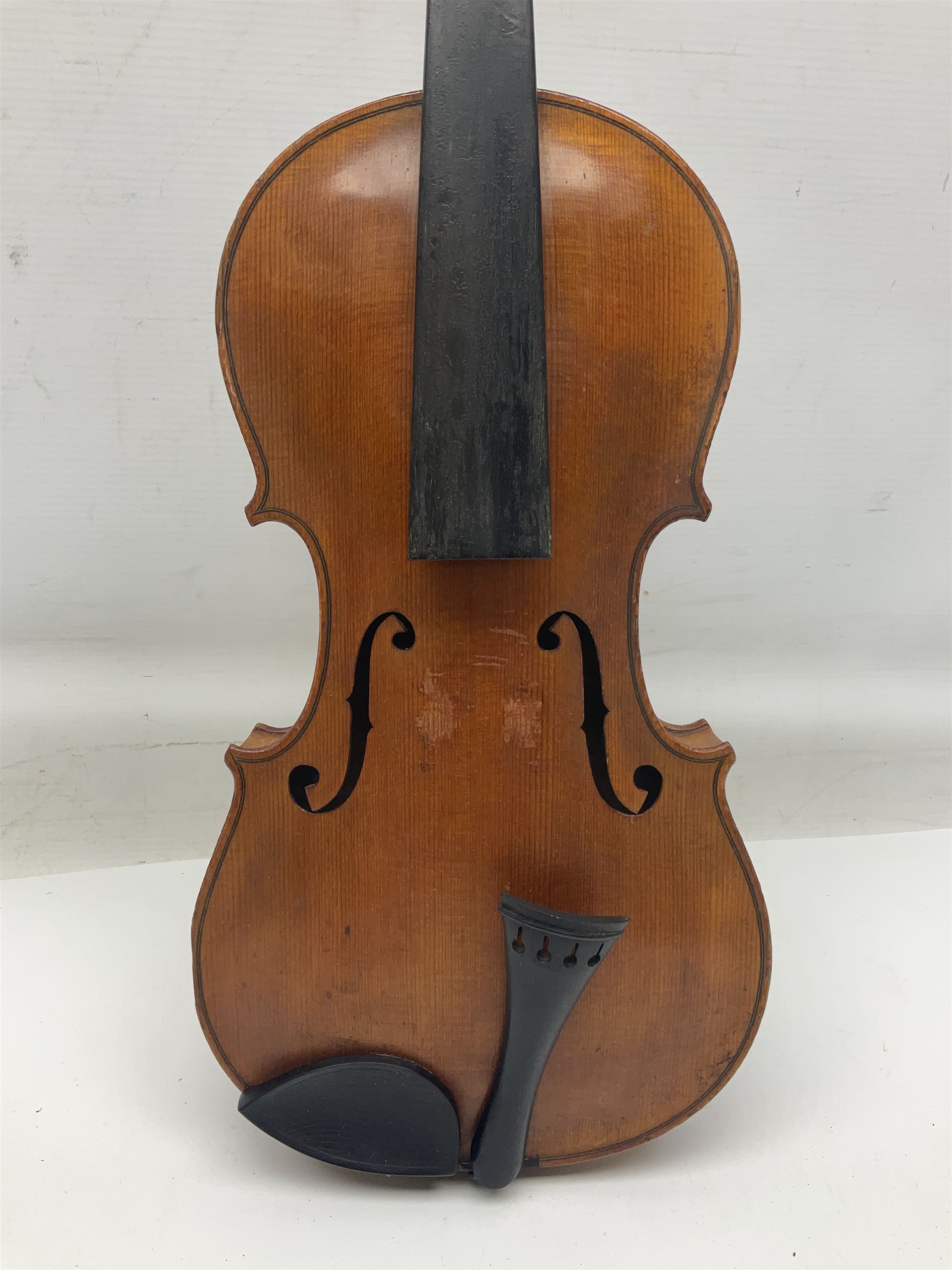 German violin c1900 stamped Stainer with 36cm two-piece maple back and ribs and spruce top L59.5cm overall; in simulated reptile skin carrying case