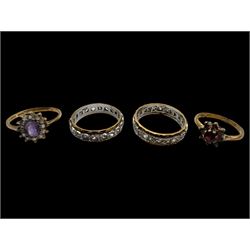 Two gold paste stone set full eternity rings and two gold cluster rings, all 9ct