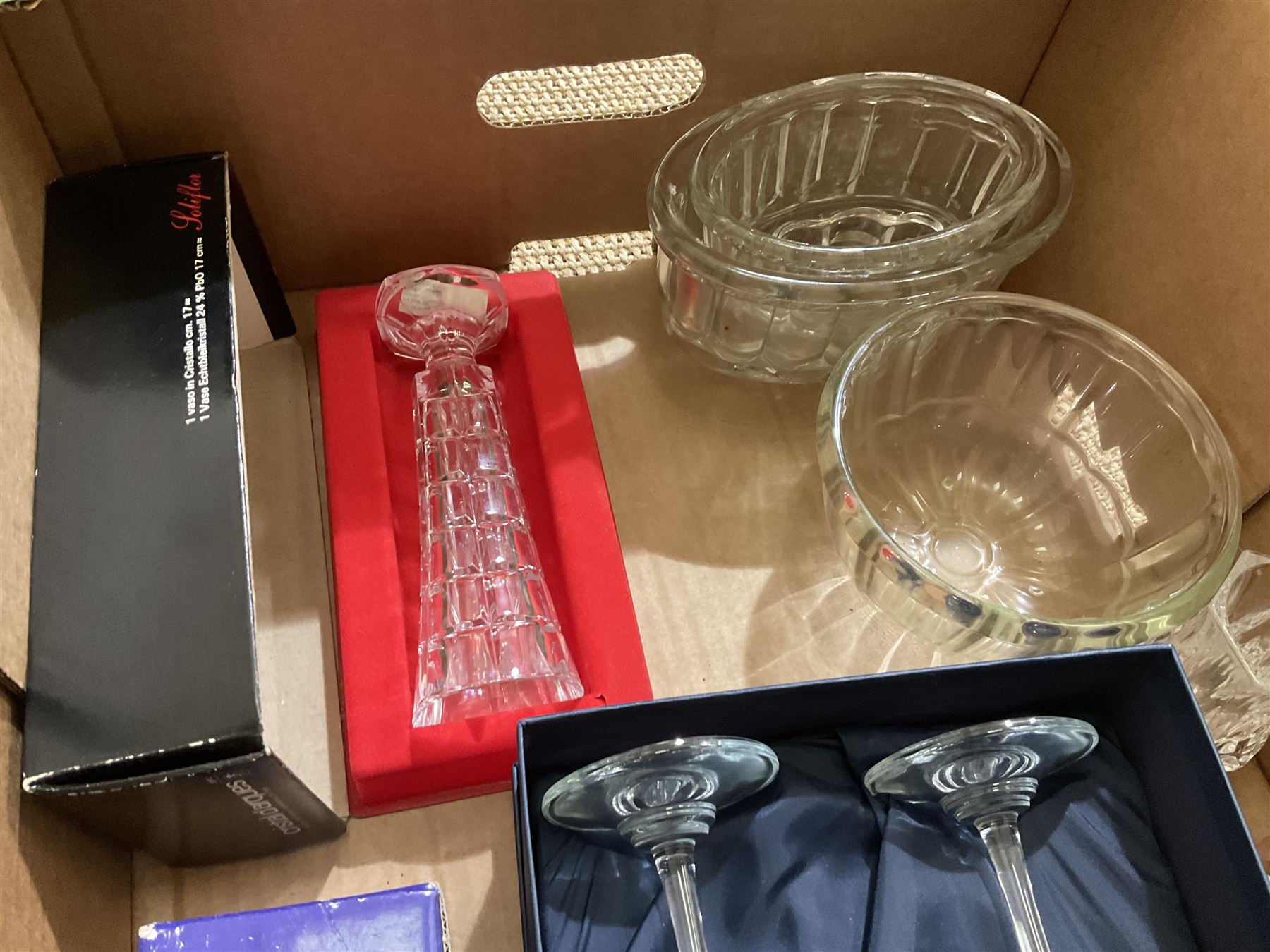 Three boxes of glass to include moulded decanters, Royal Doulton vase