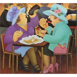 Beryl Cook (British 1926-2008): 'Ladies Who Lunch', limited edition coloured lithograph signed and numbered 523/650 in pencil, titled on COA verso 40cm x 43cm