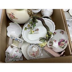 Royal Worcester miniature loving cup, Royal Doulton Wendy figure HN 2109, Lladro dish, two Giuseppe Armani figures, Staffordshire style figural vase, Crown Devon Fieldings blush ivory ewers and twin handled vases, Villeroy & Boch, Royal Doulton, Carlton Ware, Masons ironstone, other ceramics, teawares etc in four boxes