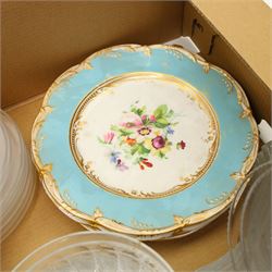 Cut glass sherry decanter, ten glass ice plates, three early Victorian dessert plates decorated with floral sprays, three Victorian soup plates, two Carlton Ware bowls etc