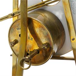 Late 19th century French novelty easel clock, the shaped panel in the form of an artist's palette painted with a landscape with classical columns on a gilt brass easel under a glass dome shade H33cm overall