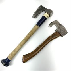 Norwegian sports axe with indistinct makers name and logo and ash handle L34cm; and unmarked hunting axe with painted and tape bound ash handle (2)