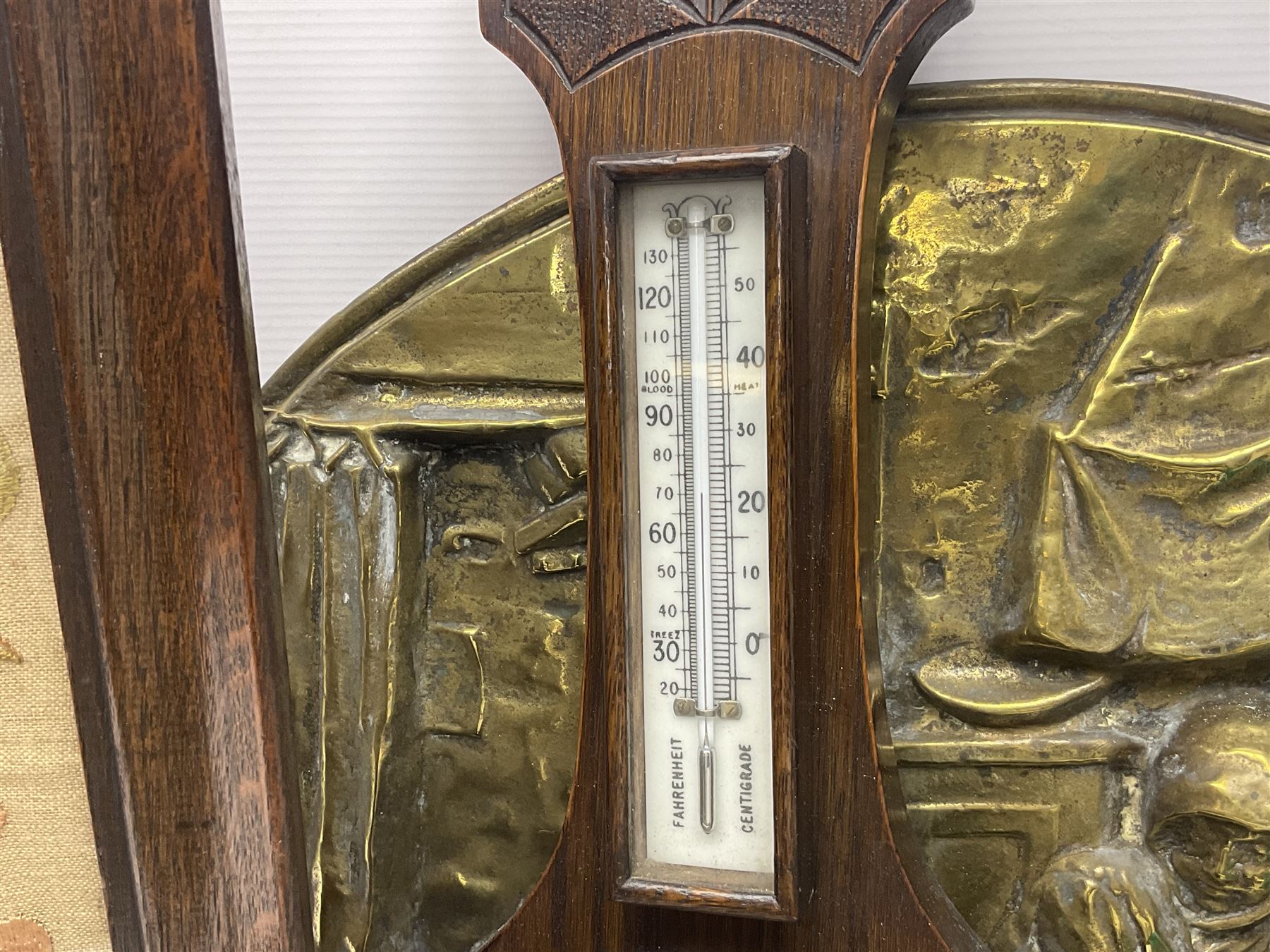 Tapestry fire screen, together with walking sticks, barometer, brass charger etc 