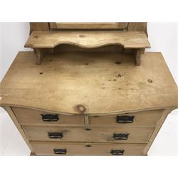 Victorian pine dressing table, raised shaped mirror back, single shelf, two short and two long drawers, shaped plinth base