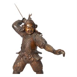 Japanese bronze of a Samurai, possibly Meiji period, standing holding spear, on a wave form base, H72cm