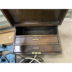 Six shelved cabinets for displaying ‘00’ gauge locomotives comprising plain plywood and white painted examples with track applied to various shelves, largest H63cm, W107cm, D27cm; Collection of tools for building model locomotives to include Weller PU-2D Soldering Pencil and Standard Tip Soldering Iron 20W/230V, Humbrol Modellers Airbrush, Power Supply Units and two wooden chests one of which housing a collection of tools including tweezers, scalping tools, wrenches etc 