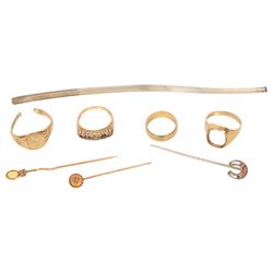 9ct gold rings, including wedding band, two shanks and a stone set ring, together with two...