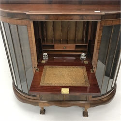 Early 20th century mahogany bureau bookcase, raised shaped back, two curved astragal glazed doors flanking single fall front enclosing fitted interior, above single drawers and two cupboard doors, shaped apron, cabriole supports on ball and claw feet, W136cm, H127cm, D42cm  