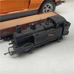 '00' gauge - Tri-ang Class 3F Jinty 0-6-0 tank locomotive No.47606; Tri-ang brick wagon; Hornby Dublo die-cast Austin Taxi; and Chad Valley tin-plate signal box; all unboxed; together with a German Rex Mercedes-Benz large scale friction drive car; boxed