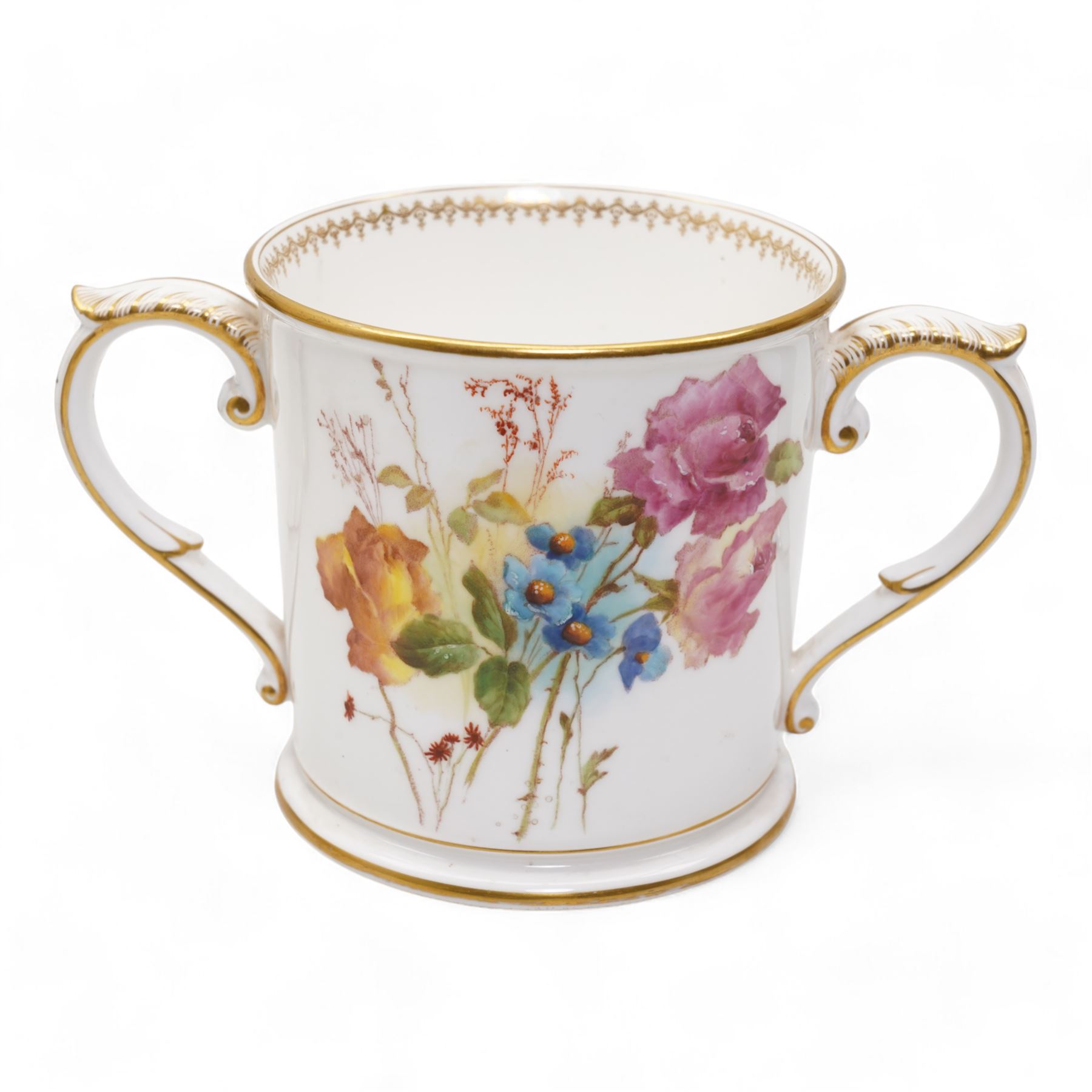 Early 20th century Royal Worcester loving cup, circa 1906, painted with a view of the River Severn and flowers to the reverse, H13cm, Grainger & Co. Worcester twin handled vase, the oval body painted in the Aesthetic style with ferns and grasses in gilt, against a cobalt blue ground, with scrolled handles and quatrefoil foot, H17cm (2)